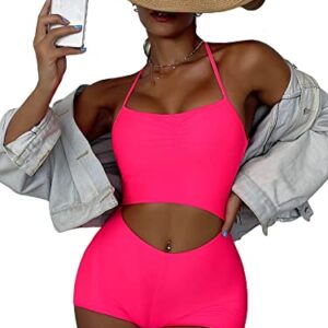 WDIRARA Women's Criss Cross Backless Ruched One Piece Swimsuit Monokini Swimwear Watermelon Pink M