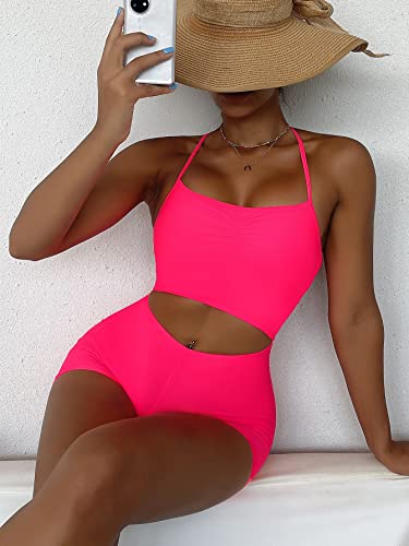 WDIRARA Women's Criss Cross Backless Ruched One Piece Swimsuit Monokini Swimwear Watermelon Pink M