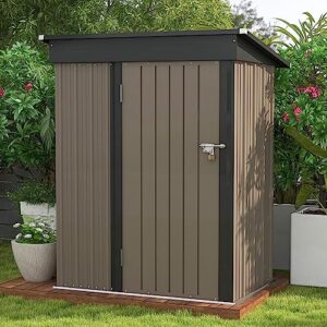 patiowell 5x3 ft outdoor storage shed, garden tool shed with sloping roof and lockable door, metal shed for backyard garden patio lawn, brown