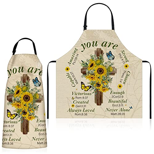 Lasnten Christian Bible Verse Apron Religious Gift for Women Waterproof Inspirational Cooking Apron with Pocket Tie Neckstrap (Sunflower)