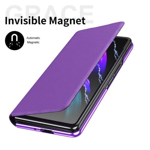 EAXER Compatible with Samsung Galaxy Z Fold 3 5G Case, Lychee Pattern Leather Magnetic Case with Pen Slot Luxury Phone Case Full Protection Cover Bumper Skin (Purple)