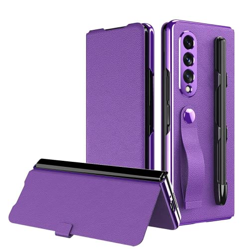 EAXER Compatible with Samsung Galaxy Z Fold 3 5G Case, Lychee Pattern Leather Magnetic Case with Pen Slot Luxury Phone Case Full Protection Cover Bumper Skin (Purple)