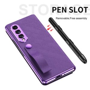EAXER Compatible with Samsung Galaxy Z Fold 3 5G Case, Lychee Pattern Leather Magnetic Case with Pen Slot Luxury Phone Case Full Protection Cover Bumper Skin (Purple)