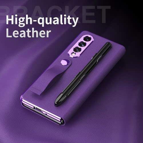 EAXER Compatible with Samsung Galaxy Z Fold 3 5G Case, Lychee Pattern Leather Magnetic Case with Pen Slot Luxury Phone Case Full Protection Cover Bumper Skin (Purple)