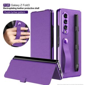 EAXER Compatible with Samsung Galaxy Z Fold 3 5G Case, Lychee Pattern Leather Magnetic Case with Pen Slot Luxury Phone Case Full Protection Cover Bumper Skin (Purple)