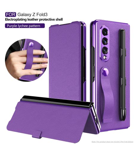 EAXER Compatible with Samsung Galaxy Z Fold 3 5G Case, Lychee Pattern Leather Magnetic Case with Pen Slot Luxury Phone Case Full Protection Cover Bumper Skin (Purple)