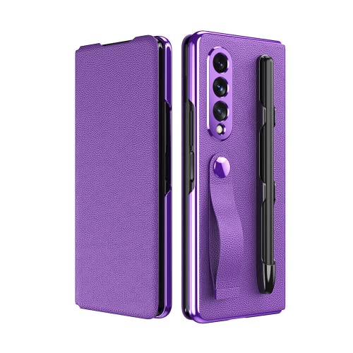 EAXER Compatible with Samsung Galaxy Z Fold 3 5G Case, Lychee Pattern Leather Magnetic Case with Pen Slot Luxury Phone Case Full Protection Cover Bumper Skin (Purple)