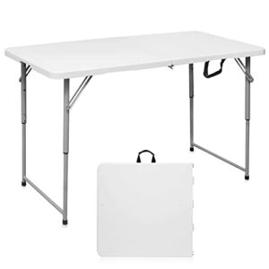 byliable folding table 4 foot portable heavy duty plastic fold-in-half utility foldable table small indoor outdoor adjustable height plastic folding table with carrying handle, camping and party