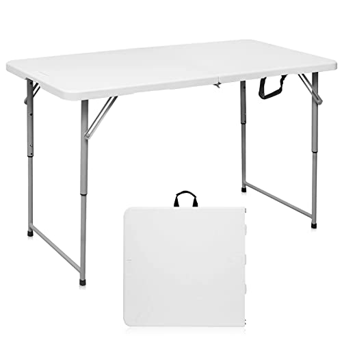 Byliable Folding Table 4 Foot Portable Heavy Duty Plastic Fold-in-Half Utility Foldable Table Small Indoor Outdoor Adjustable Height Plastic Folding Table with Carrying Handle, Camping and Party