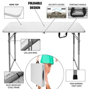 Byliable Folding Table 4 Foot Portable Heavy Duty Plastic Fold-in-Half Utility Foldable Table Small Indoor Outdoor Adjustable Height Plastic Folding Table with Carrying Handle, Camping and Party