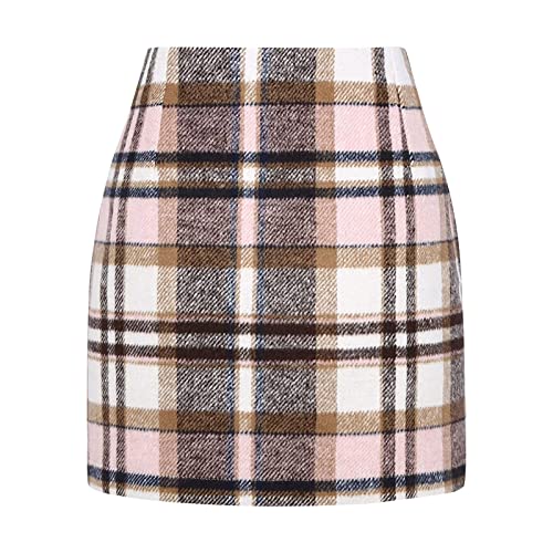 OutTop Plaid Short Skirts for Women High Waist Wool Bodycon Plaid Skirts Casual A Line Mini Pencil Skirts Knee Length