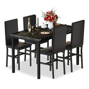 hooseng dining table set for 4, space saving kitchen table and chairs for 4, modern style faux marble tabletop & 4 pu leather chairs, perfect for dining room,breakfast corner small spaces,black