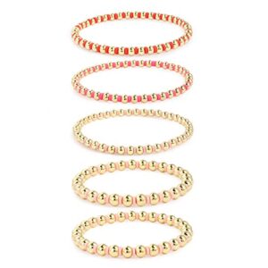 conran kremix gold beaded bracelets 14k gold plated bead and pink heishi clay bead stackable stretch bracelet set gold jewelry for women