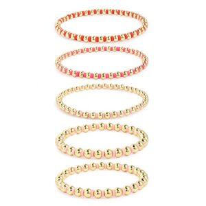 CONRAN KREMIX Gold Beaded Bracelets 14K Gold Plated Bead And Pink Heishi Clay Bead Stackable Stretch Bracelet Set Gold Jewelry For Women