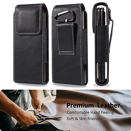 INGIDO for Samsung Galaxy Z Fold 5/4/3/2 Phone Pouch Holster Belt Case, Genuine Leather Phone Cover Magnetic Cover Belt Clip Pouch for Galaxy Z Fold 5, Z Fold 4, Z Fold 3/2 (Black)