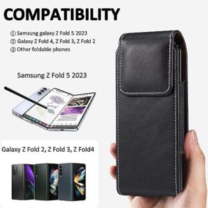 INGIDO for Samsung Galaxy Z Fold 5/4/3/2 Phone Pouch Holster Belt Case, Genuine Leather Phone Cover Magnetic Cover Belt Clip Pouch for Galaxy Z Fold 5, Z Fold 4, Z Fold 3/2 (Black)