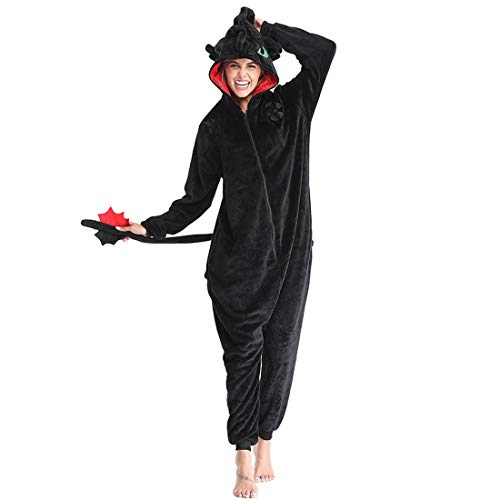 Toothless Costume Pajamas Animal Onesie Dragon Tail Flannel Costume Plush Jumpsuit Halloween Christmas Pajamas for Family Black