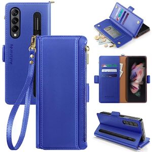 antsturdy samsung galaxy z fold 3 5g wallet with card holder for women men,galaxy z fold 3 phone case rfid blocking pu leather flip shockproof cover with strap zipper credit card slots,purple blue
