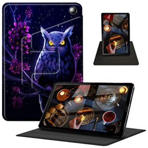 case for amazon kindle fire 7 tablet (12th generation 2022 release) 360 degree rotating swivel stand pu leather cover with auto wake sleep, purple owl