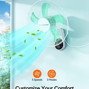 VAGKRI Wall Mount Fan, 16 Inch Wall Fan with 5 Blades, 5 Speeds, 8 Hour Timer, 90° Oscillating Quiet Fan with Remote for Home Office Bedroom Living Room Garage