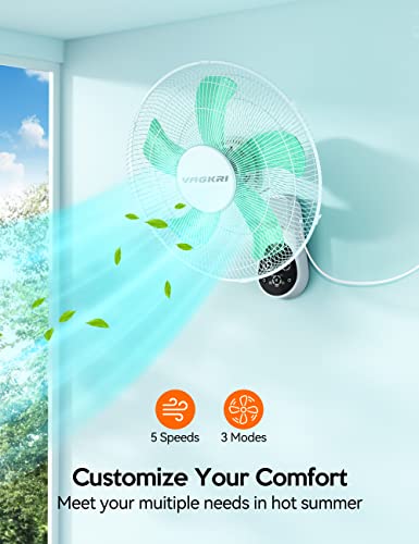 VAGKRI Wall Mount Fan, 16 Inch Wall Fan with 5 Blades, 5 Speeds, 8 Hour Timer, 90° Oscillating Quiet Fan with Remote for Home Office Bedroom Living Room Garage