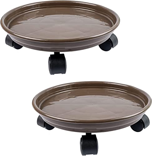 2Pcs Plant Caddy,Planter Pot Mover, Plant Pot Pallet Dolly Caster with Universal Wheels, Round Movable Planter Dolly Trolley Tray Pallet Outdoor Indoor Tree Flower Stand Planter (13 inch+2pcs+brown)