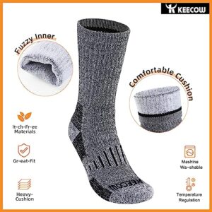 KEECOW Merino Wool Crew Socks For Men & Women, Thermal, Warm, Winter Cushion Socks For Hiking Working Running, 3 Pairs (Large, Charcoal B)