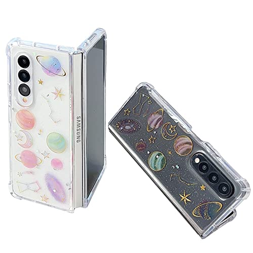 Abbery for Samsung Galaxy Z Fold 4 5G Case Clear with Design, Cute for Women Glitter Stars Moon Sparkle TPU & PC Transparent Space Theme Aesthetic Case for Samsung Galaxy Z Fold 4 (Space)