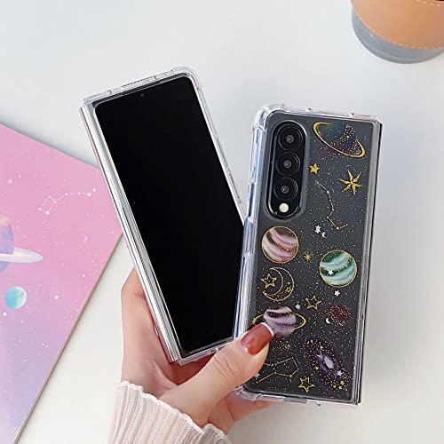 Abbery for Samsung Galaxy Z Fold 4 5G Case Clear with Design, Cute for Women Glitter Stars Moon Sparkle TPU & PC Transparent Space Theme Aesthetic Case for Samsung Galaxy Z Fold 4 (Space)