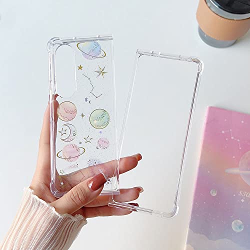 Abbery for Samsung Galaxy Z Fold 4 5G Case Clear with Design, Cute for Women Glitter Stars Moon Sparkle TPU & PC Transparent Space Theme Aesthetic Case for Samsung Galaxy Z Fold 4 (Space)