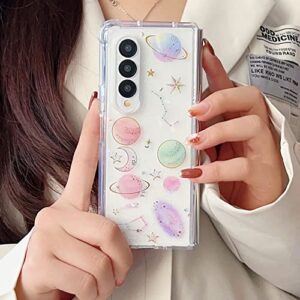 Abbery for Samsung Galaxy Z Fold 4 5G Case Clear with Design, Cute for Women Glitter Stars Moon Sparkle TPU & PC Transparent Space Theme Aesthetic Case for Samsung Galaxy Z Fold 4 (Space)