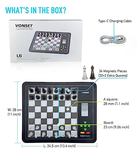 Vonset Core L6 Computer Chess Game Electronic Chess Set Computer Chess Board with LED Light Chess Computer for Adults and Kids with Double Queen Pieces for Beginners