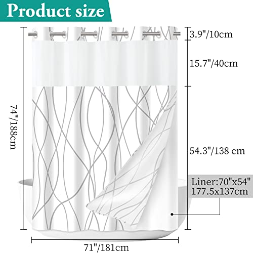 LXBNI No Hook Grey White Striped Shower Curtain with Snap in Fabric Liner Set - Hotel Shower Curtain and Liner Set with See Through Mesh Top Window,Machine Washable, 71x74 INCH
