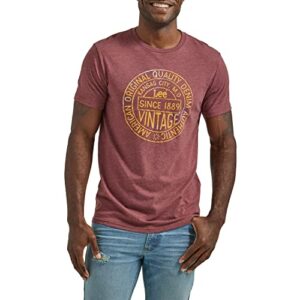 lee men's short sleeve graphic t-shirt, burgundy heather vintage denim