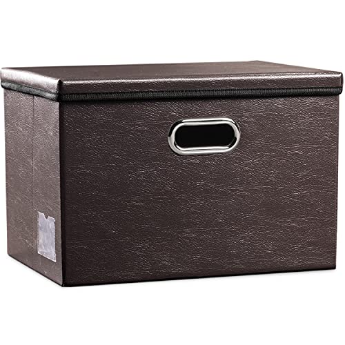 PRANDOM Large Collapsible Storage Bin with Lid [1-Pack] Leather Fabric Foldable Storage Box Organizer Containes Basket Cube with Cover for Home Bedroom Closet Office Nursery Brown (17.7x11.8x11.8)