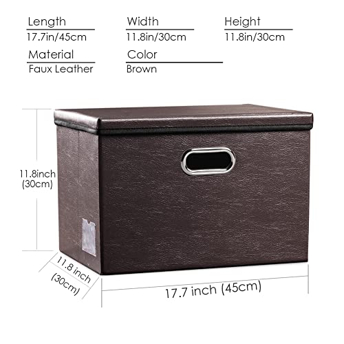 PRANDOM Large Collapsible Storage Bin with Lid [1-Pack] Leather Fabric Foldable Storage Box Organizer Containes Basket Cube with Cover for Home Bedroom Closet Office Nursery Brown (17.7x11.8x11.8)