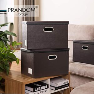 PRANDOM Large Collapsible Storage Bin with Lid [1-Pack] Leather Fabric Foldable Storage Box Organizer Containes Basket Cube with Cover for Home Bedroom Closet Office Nursery Brown (17.7x11.8x11.8)