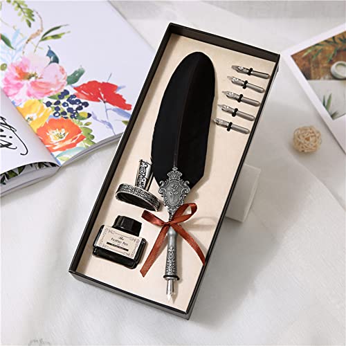 Retro Feather Pen Set, Writing Quill Pen Calligraphy Dip Pen Ink Set Luxury Vintage Signature Fountain Pen Gift Kit with Pen Stand and Replacement Nibs Valentine Day Christmas Birthday Gift Black