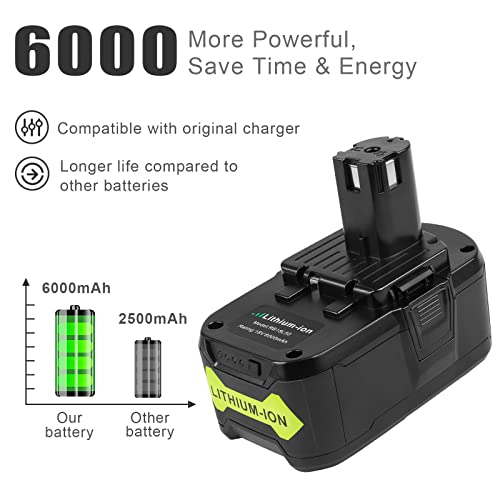 ARyee 2Pack 6.0Ah 18Volt Replacement for Ryobi 18V Lithium Battery ONE+ Plus P108 P102 P103 P104 P105 P107 P109 P122 RB18L50 PBP005 Cordless Power Tools with P117 Battery Charger for Ryobi