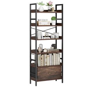 pipishell bookshelf, 6-tier bookcase with storage drawer, tall bookshelf storage rack with metal frame & wood grain finish, industrial bookshelf for living room, bedroom, and home office, pibs02wn