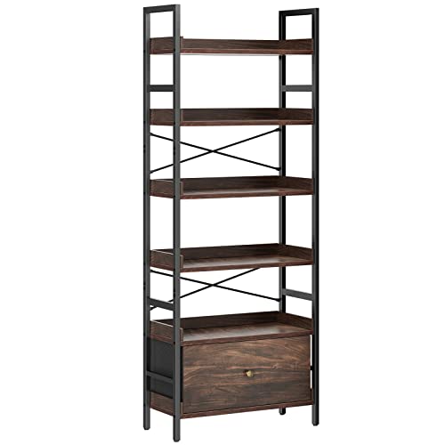 Pipishell Bookshelf, 6-Tier Bookcase with Storage Drawer, Tall Bookshelf Storage Rack with Metal Frame & Wood Grain Finish, Industrial Bookshelf for Living Room, Bedroom, and Home Office, PIBS02WN