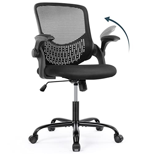 Office Chair, Desk Chairs Mesh Computer Desk Chair with Wheels Ergonomic Office Chair Height Adjustable Swivel Task Chair with Mid Back, Flip-up Arms and Lumbar Support, Black