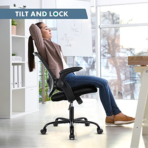 Office Chair, Desk Chairs Mesh Computer Desk Chair with Wheels Ergonomic Office Chair Height Adjustable Swivel Task Chair with Mid Back, Flip-up Arms and Lumbar Support, Black