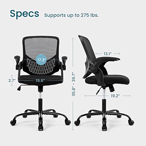 Office Chair, Desk Chairs Mesh Computer Desk Chair with Wheels Ergonomic Office Chair Height Adjustable Swivel Task Chair with Mid Back, Flip-up Arms and Lumbar Support, Black