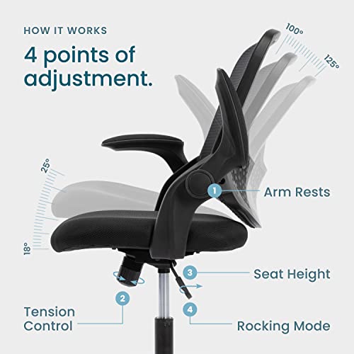 Office Chair, Desk Chairs Mesh Computer Desk Chair with Wheels Ergonomic Office Chair Height Adjustable Swivel Task Chair with Mid Back, Flip-up Arms and Lumbar Support, Black