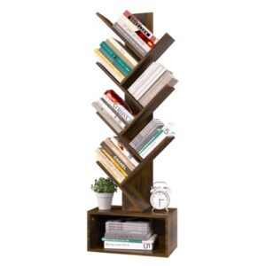 yoobure tree bookshelf - 6 shelf retro floor standing bookcase, tall wood book storage rack for cds/movies/books, utility book organizer shelves for bedroom, living room, home office, rustic brown