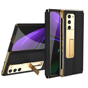 eaxer compatible with samsung galaxy z fold 3 5g case metal stand front with tempered glass cover luxury leather hybrid plating pc with kickstand cover shockproof protective fold case (black)