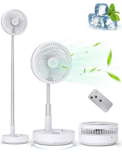 Primevolve Portable Oscillating Standing Fan,Rechargeable Battery Operated USB Floor Table Desk Fan with Remote, 4 Speed Settings Pedestal Fans for Bedroom Office Camping Fishing Travel White 7.7"