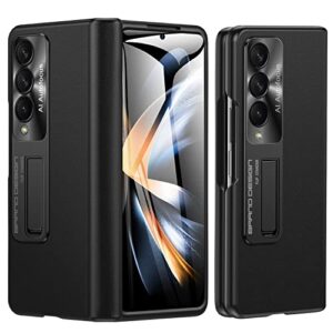 kaiiecal leather galaxy z fold 4 case: genuine skin feeling, built-in screen protector, kickstand, hinge protection, shockproof cover - black