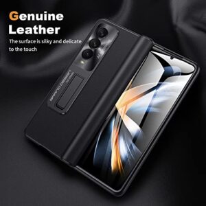 Kaiiecal Leather Galaxy Z Fold 4 Case: Genuine Skin Feeling, Built-in Screen Protector, Kickstand, Hinge Protection, Shockproof Cover - Black